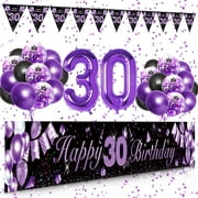 YANSION Men Women 30th Birthday Decorations, Black Purple Happy 30th Birthday Yard Banner, 30th Happy Birthday Balloons for Her Him 30th Anniversary Birthday Party Supplies